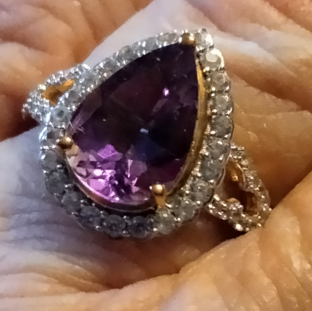 Moroccan Amethyst with White Zircon Halo Ring  in Vermeil Over Sterling Silver